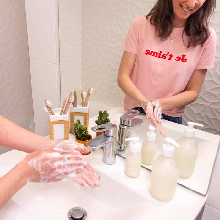 Washing hands with a refillable soap